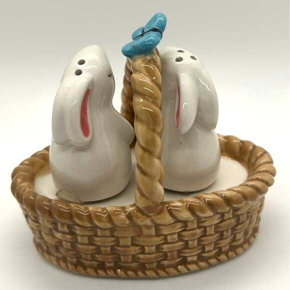 Blue Sky Bunny Salt & Pepper Shakers In Basket With Floral & Blue Butterfly - Picture 4 of 14